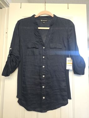 INC International Concepts Navy Button-Front Tunic Shirt